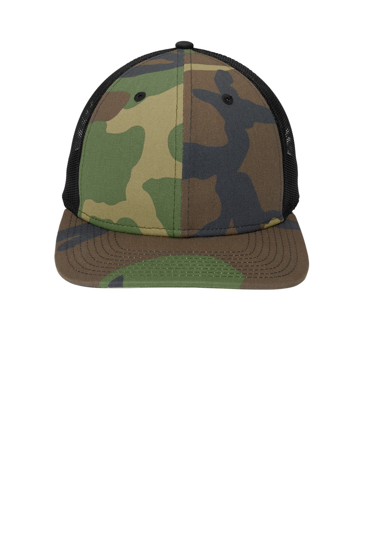 Front View of Camo/Black New Era Snapback Low Profile Trucker Cap NE207 plain