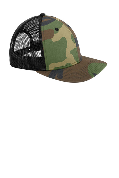 Front View of Camo/Black New Era Snapback Low Profile Trucker Cap NE207 plain