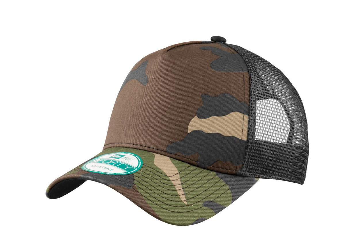 Front View of Camo/Black New Era Snapback Trucker Cap. NE205 plain