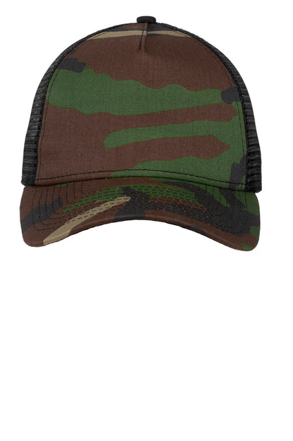 Front View of Camo/Black New Era Snapback Trucker Cap. NE205 plain