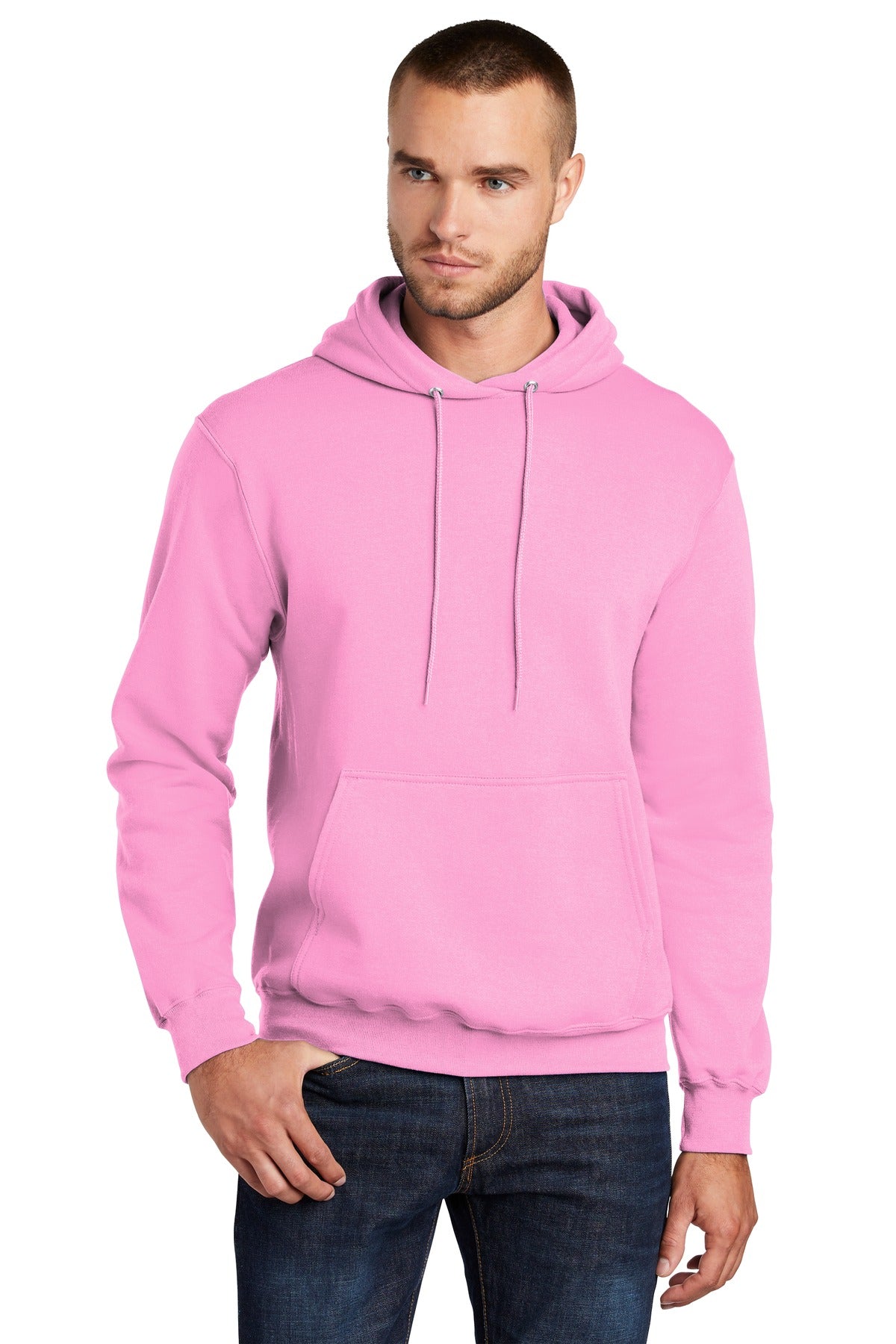 Front View of Candy Pink Port & Co Core Fleece Pullover Hooded Sweatshirt. PC78H plain