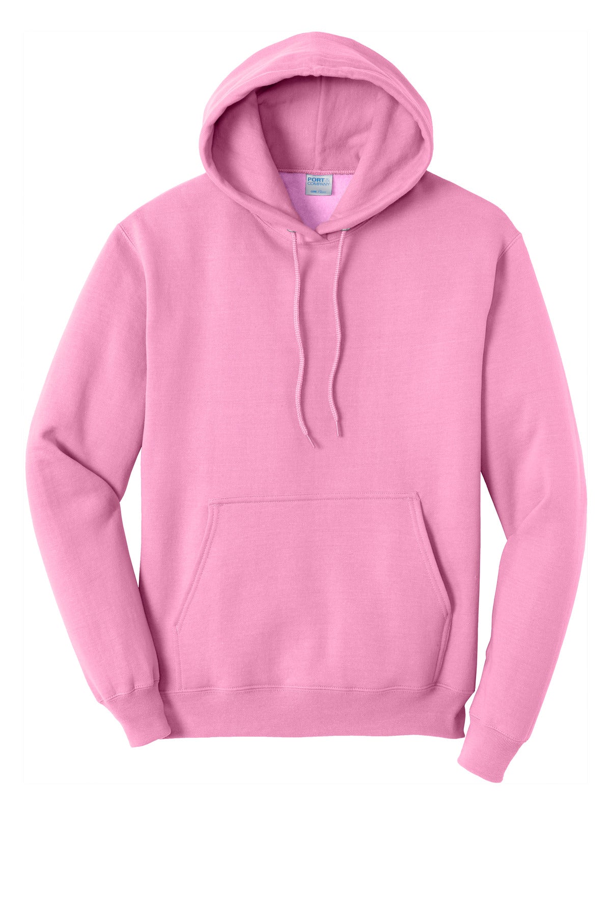 Front View of Candy Pink Port & Co Core Fleece Pullover Hooded Sweatshirt. PC78H