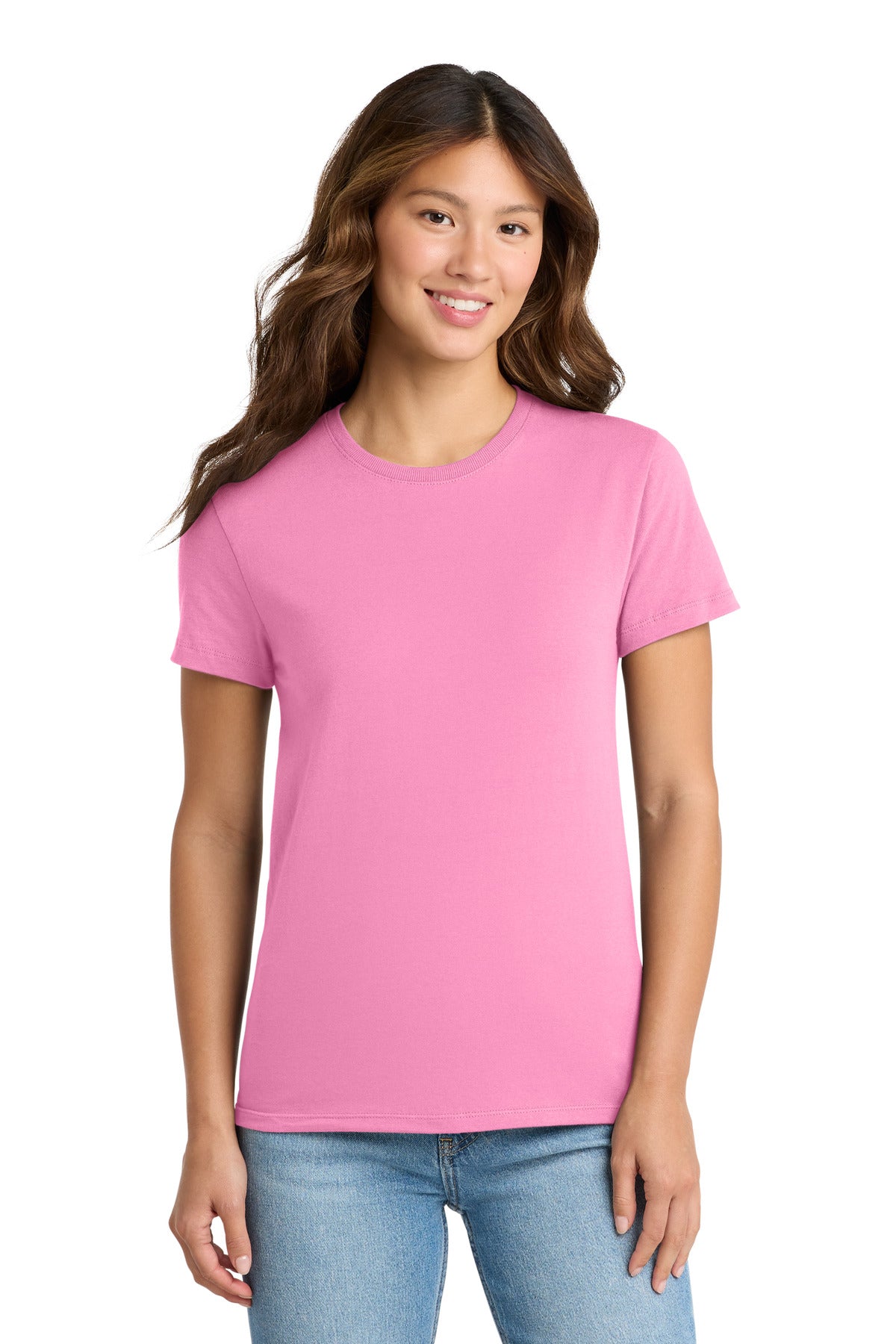 Front View of Candy Pink Port & Co Women's Essential Tee. LPC61 plain