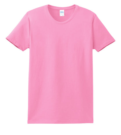 Front View of Candy Pink Port & Co Women's Essential Tee. LPC61 plain