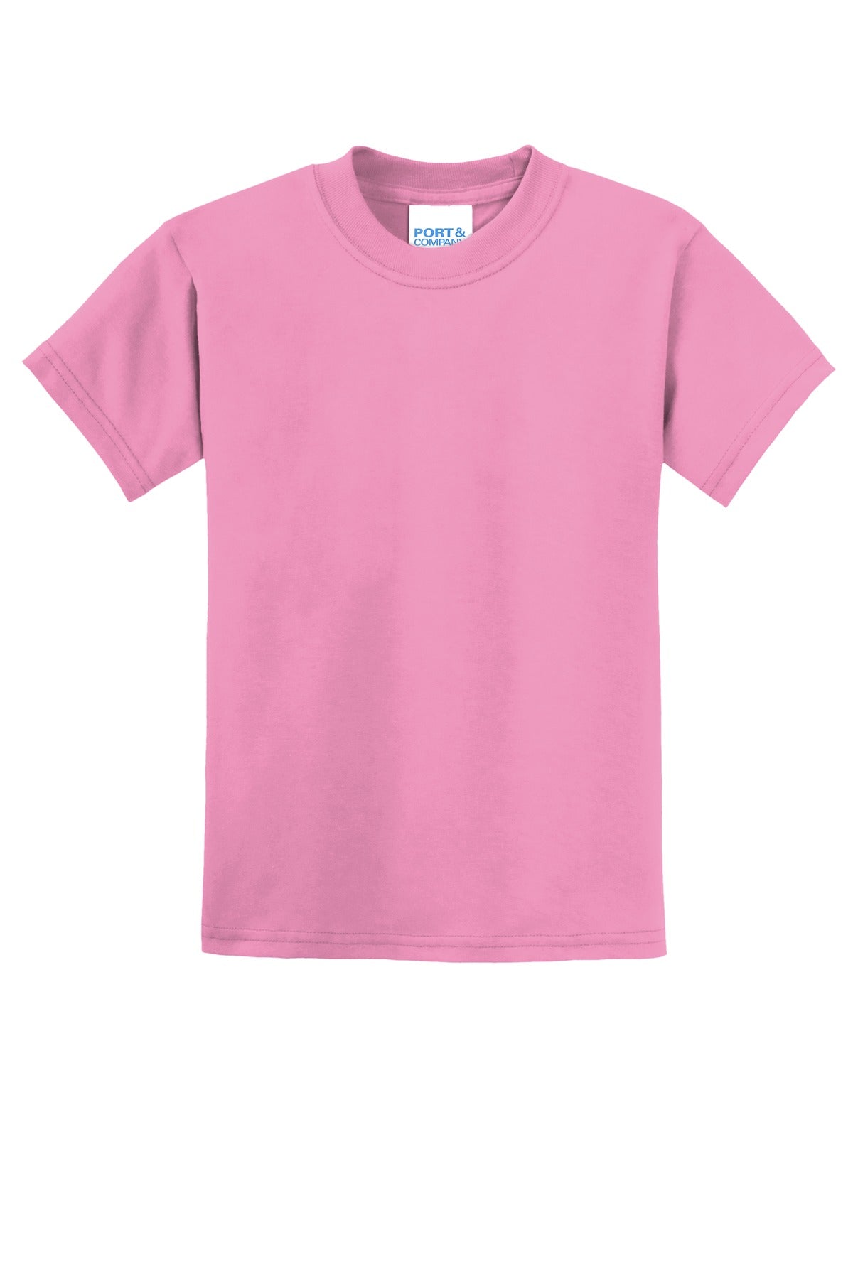 Front View of Candy Pink Port & Co Youth Core Blend Tee. PC55Y plain