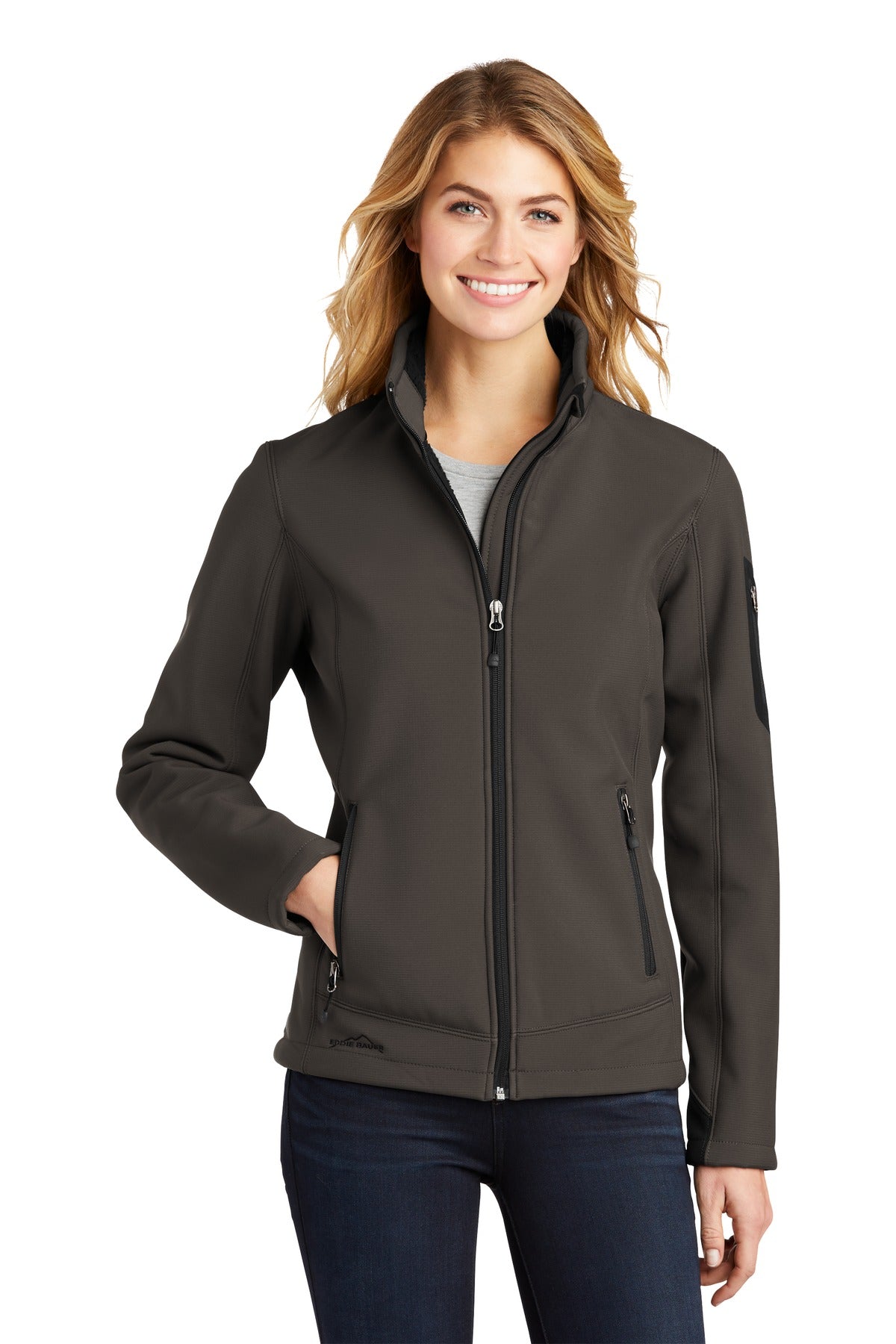 Front View of Canteen Grey Eddie Bauer Women's Rugged Ripstop Soft Shell Jacket. EB535 plain