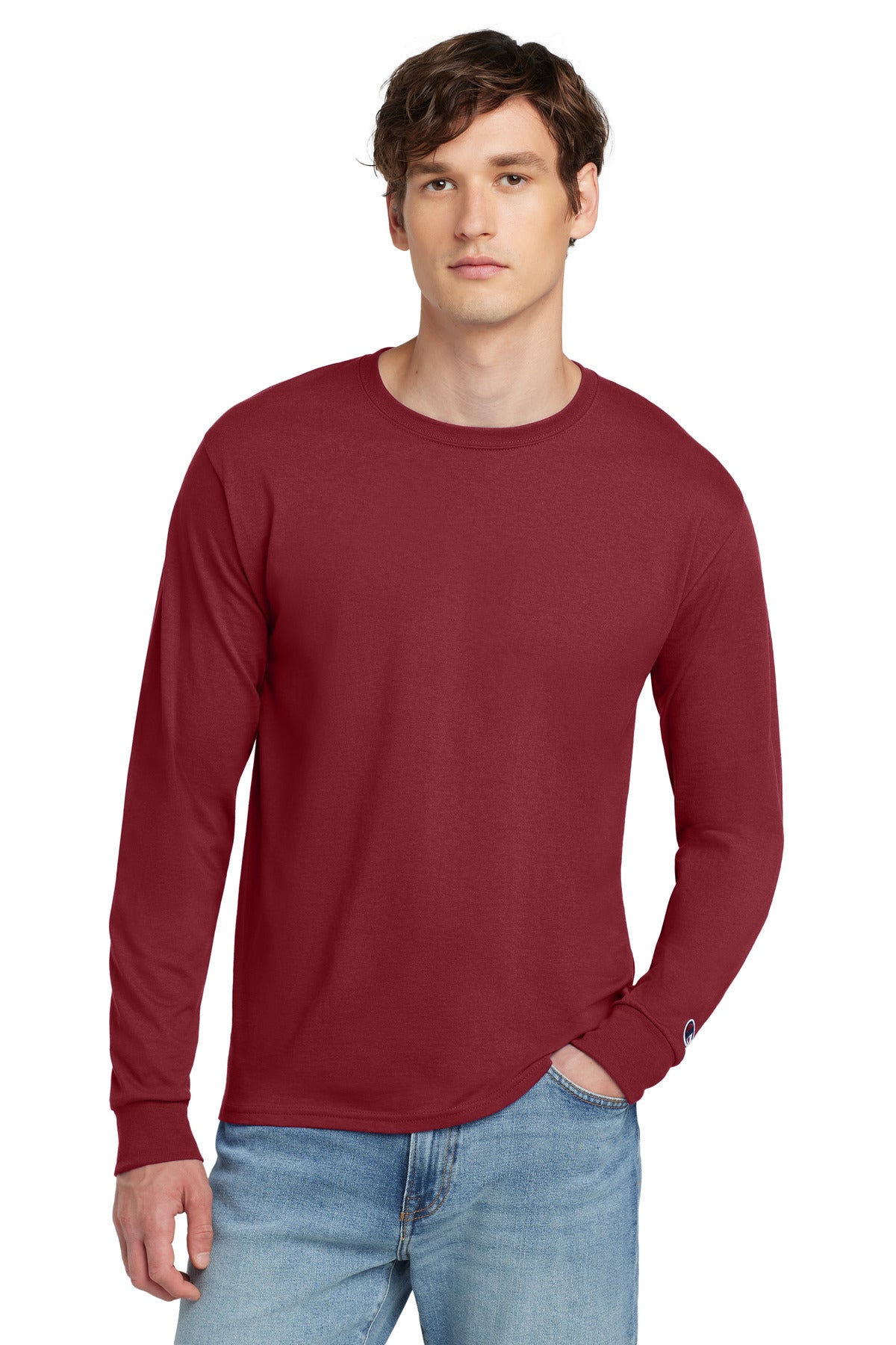 Front View of Cardinal Champion Heritage 5.2-Oz Jersey Long Sleeve Tee CC8C plain