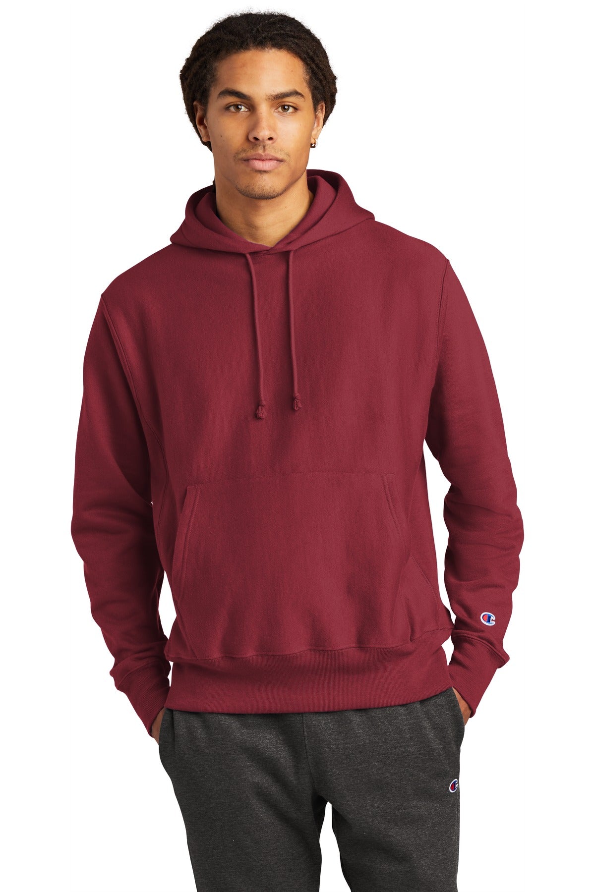 Front View of Cardinal Champion Reverse Weave Hooded Sweatshirt S101 plain