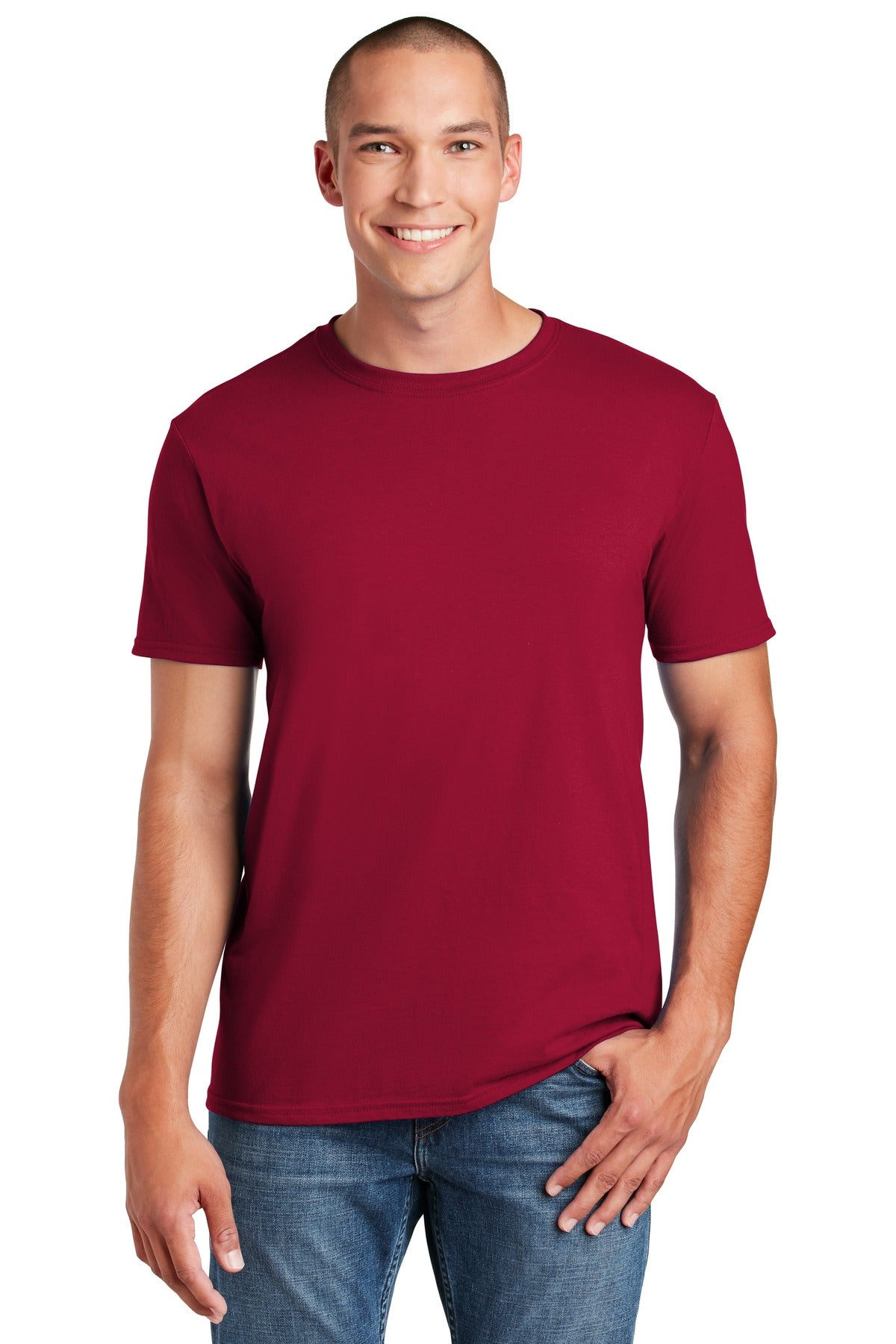 Front View of Cardinal Gildan Softstyle T-Shirt. 64000 plain