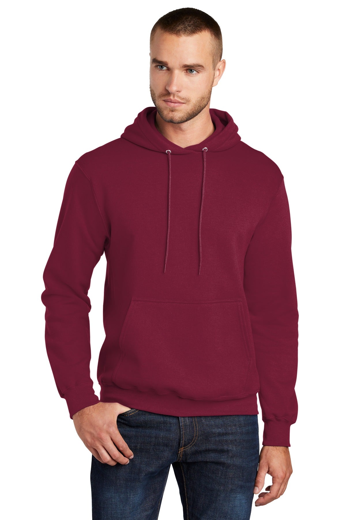 Front View of Cardinal Port & Co Core Fleece Pullover Hooded Sweatshirt. PC78H plain