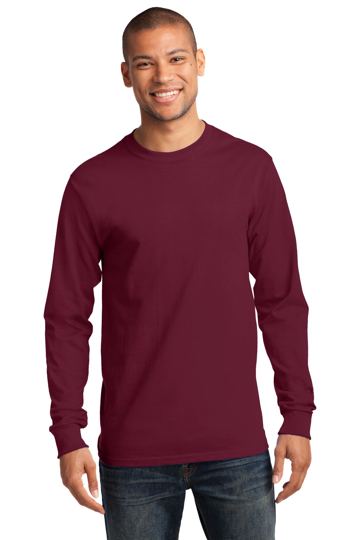 Front View of Cardinal Port & Co Long Sleeve Essential Tee. PC61LS plain