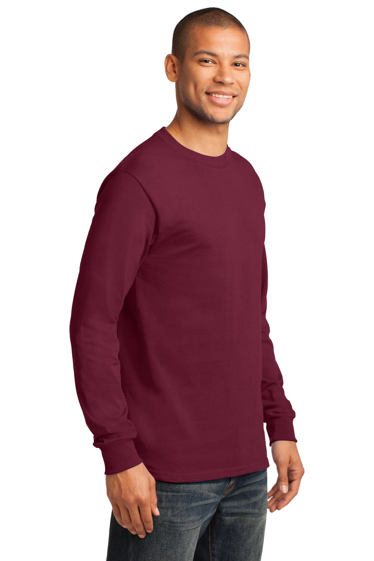 Front View of Cardinal Port & Co Long Sleeve Essential Tee. PC61LS plain