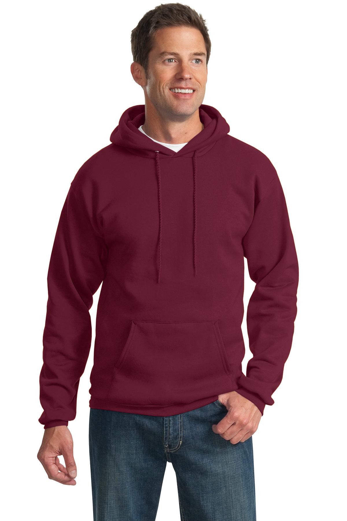 Front View of Cardinal Port & Co Tall Essential Fleece Pullover Hooded Sweatshirt. PC90HT plain