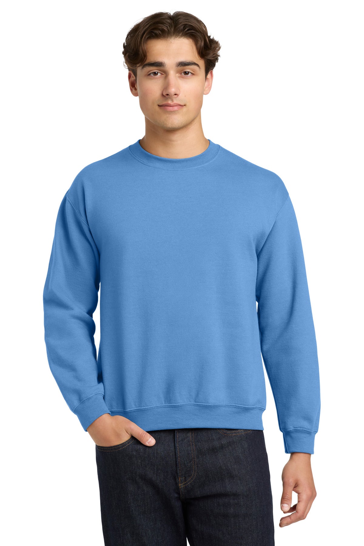 Front View of Carolina Blue Gildan Heavy Blend Crewneck Sweatshirt. 18000 plain