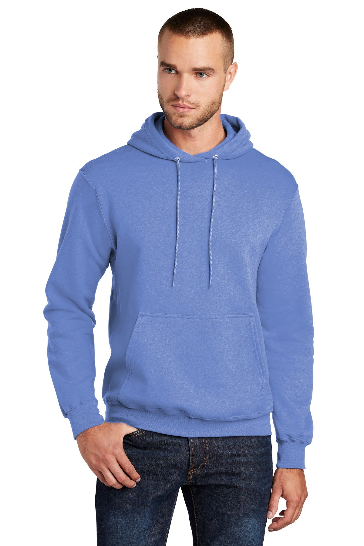 Front View of Carolina Blue Port & Co Core Fleece Pullover Hooded Sweatshirt. PC78H plain