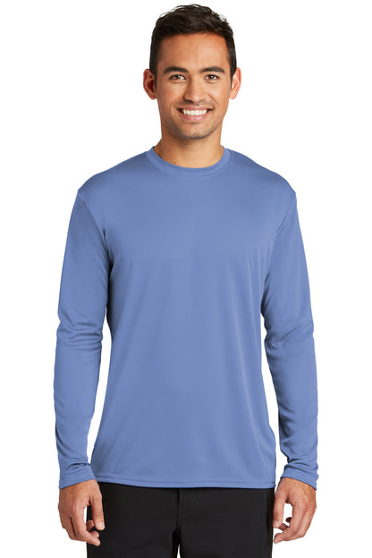 Front View of Carolina Blue Port & Co Long Sleeve Performance Tee. PC380LS plain