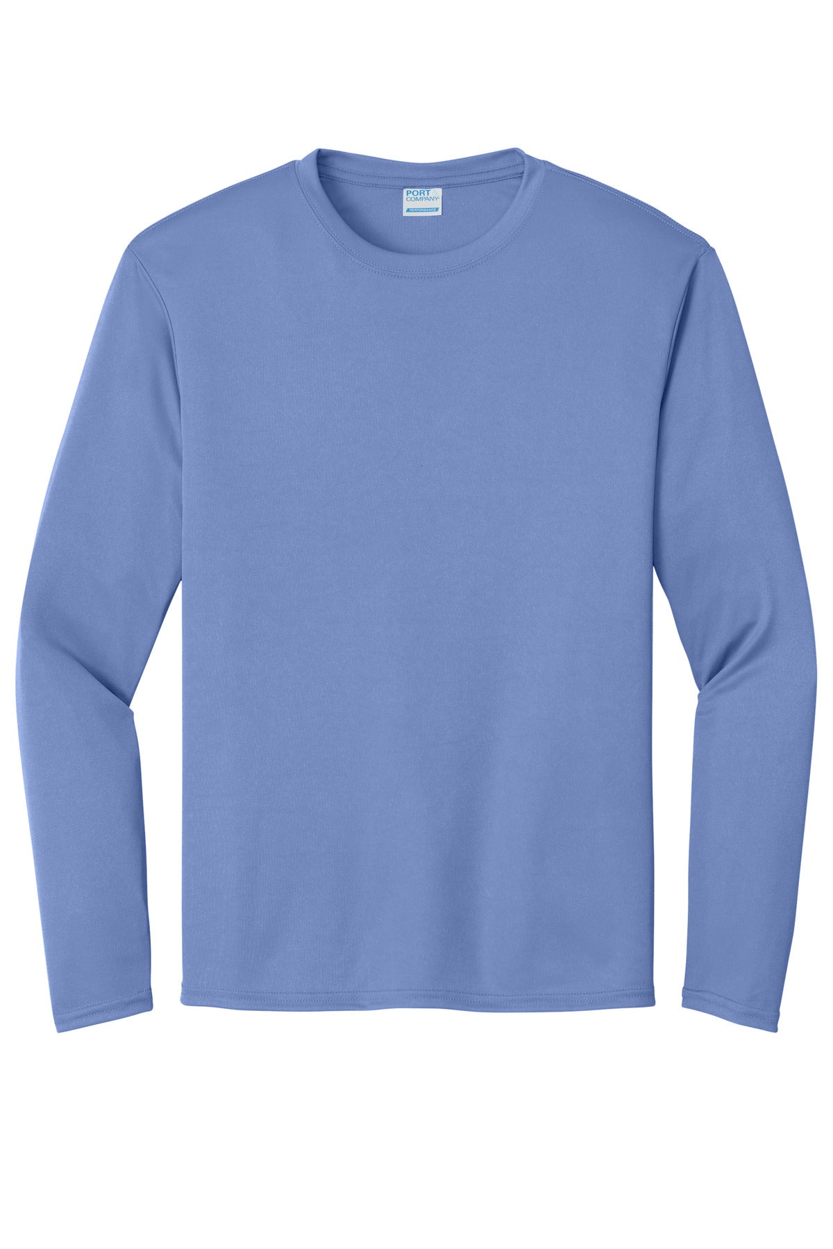 Front View of Carolina Blue Port & Co Long Sleeve Performance Tee. PC380LS plain