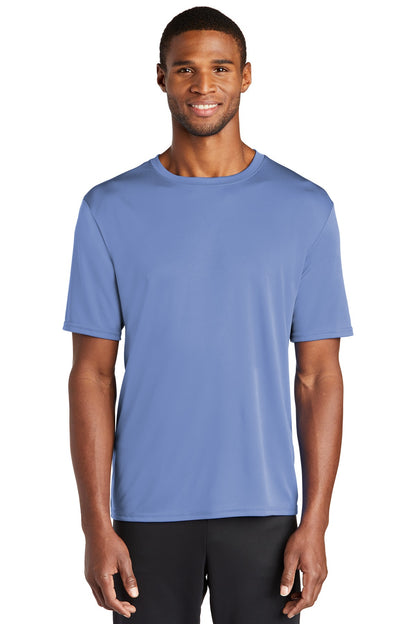 Front View of Carolina Blue Port & Co Performance Tee. PC380 plain