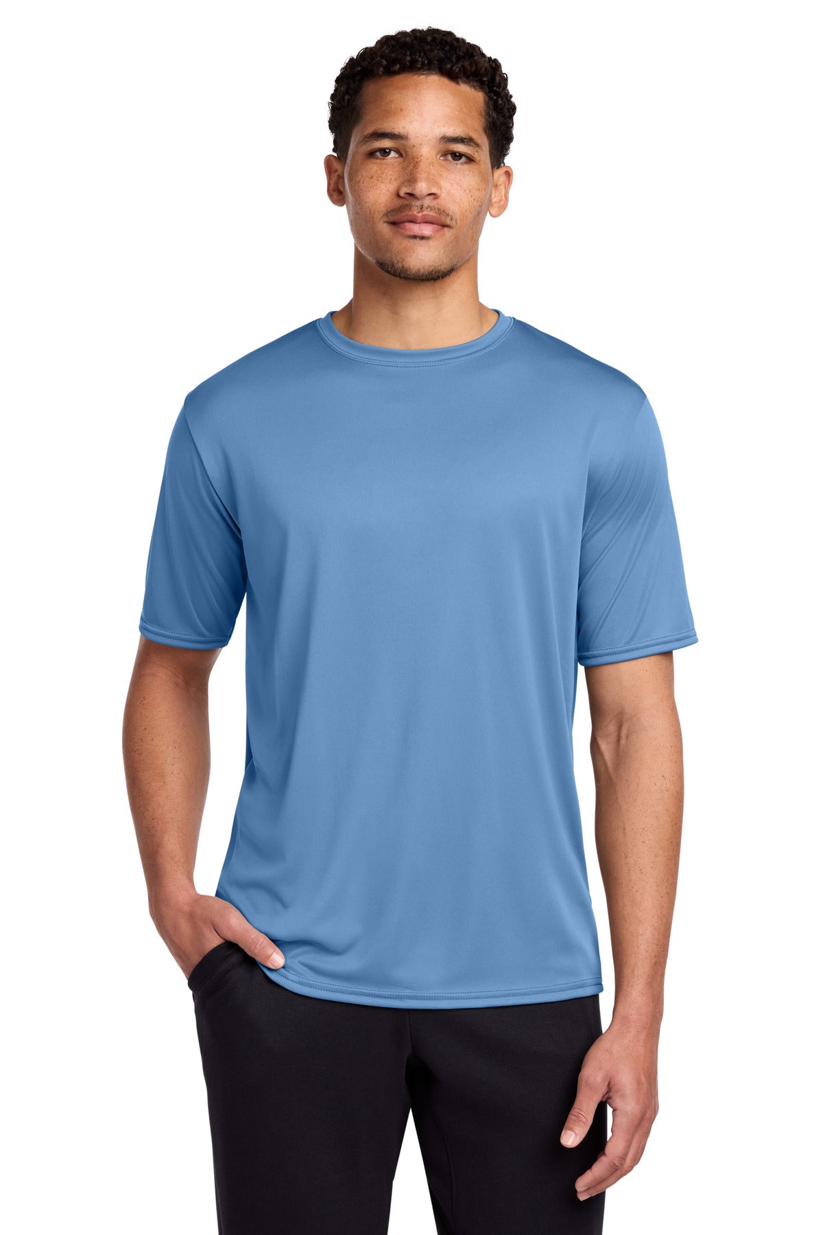Front View of Carolina Blue Port & Co Performance Tee. PC380 plain