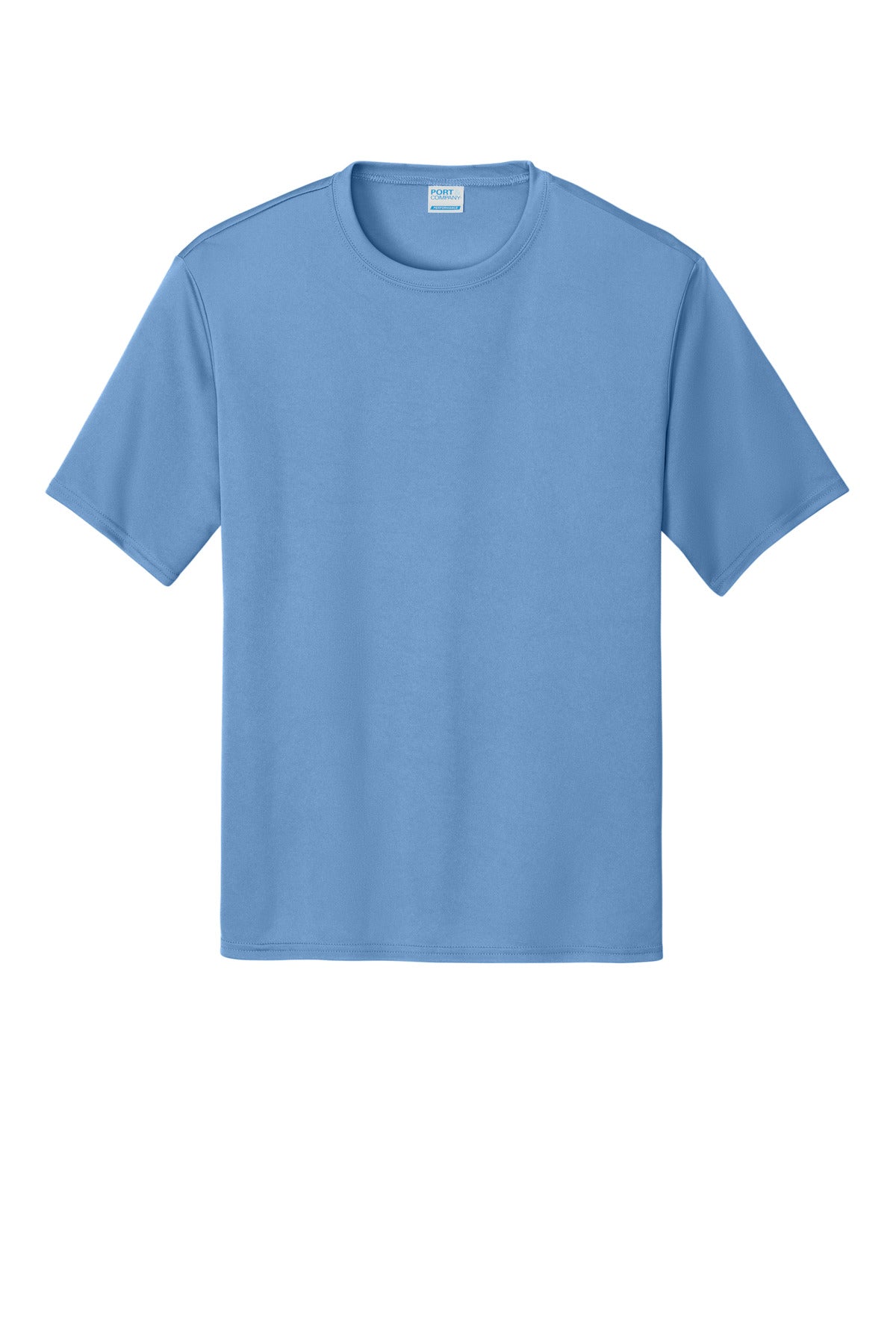 Front View of Carolina Blue Port & Co Performance Tee. PC380 plain