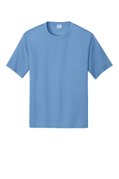 Front View of Carolina Blue Port & Co Performance Tee. PC380 plain