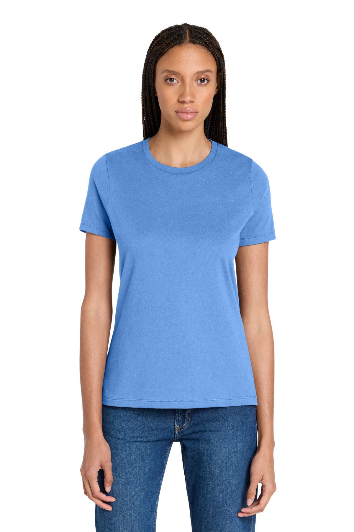 Front View of CarolinaBl BELLA+CANVAS Women's Relaxed Jersey Short Sleeve Tee. BC6400 plain