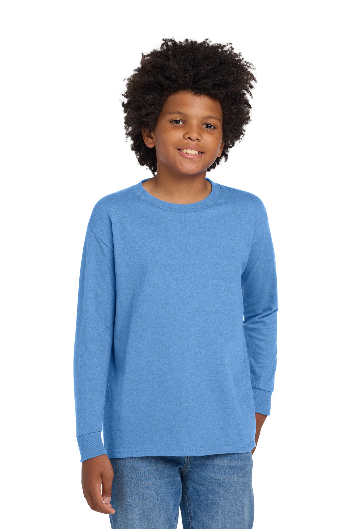 Front View of CarolinaBl Gildan Youth Heavy Cotton 100% Cotton Long Sleeve T-Shirt. 5400B plain