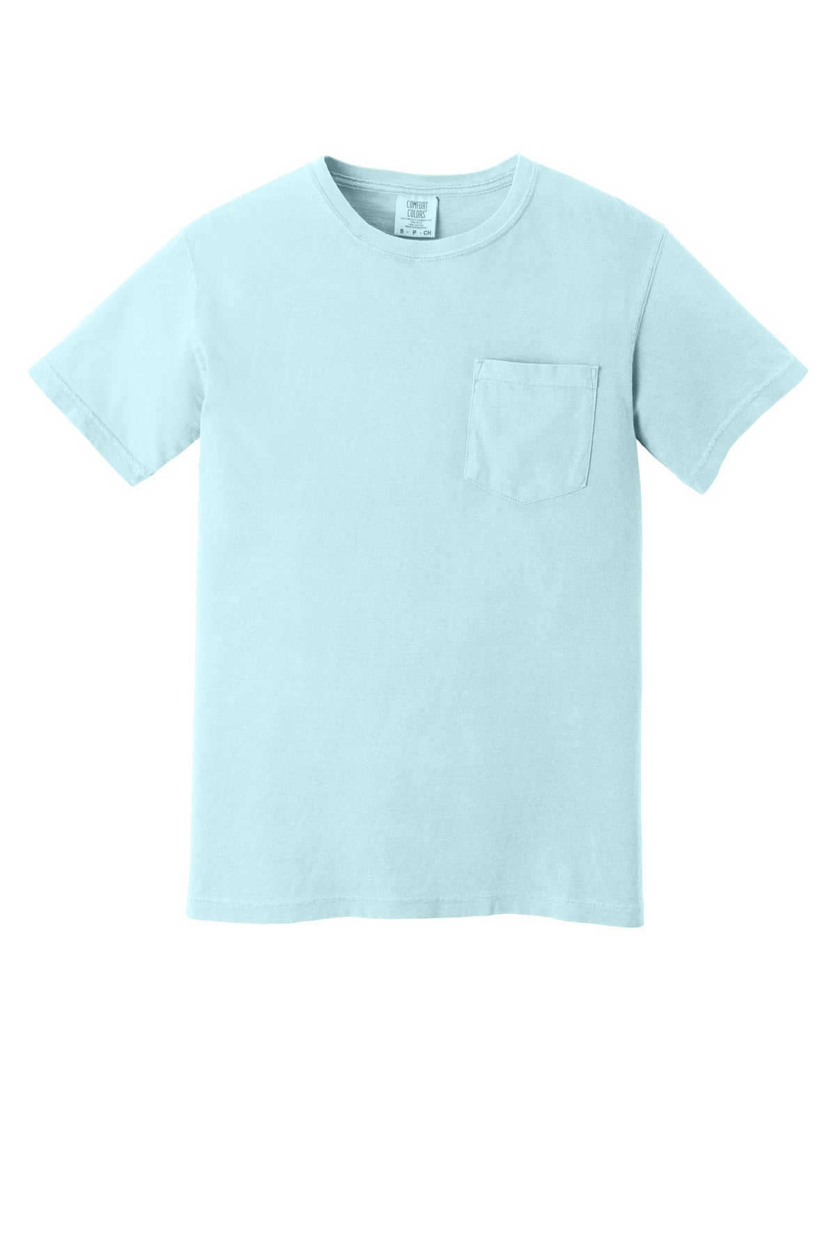 Front View of Chambray COMFORT COLORS Heavyweight Ring Spun Pocket Tee. 6030 plain
