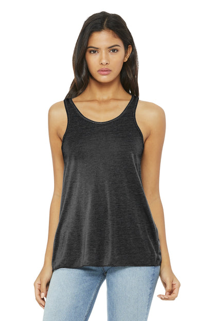 Front View of Char Blk Slub BELLA+CANVAS Women's Flowy Racerback Tank. BC8800 plain