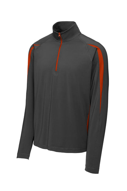 Front View of Char Gry/Dp Or Sport-Tek Sport-Wick Stretch 1/4-Zip Colorblock Pullover. ST851 plain