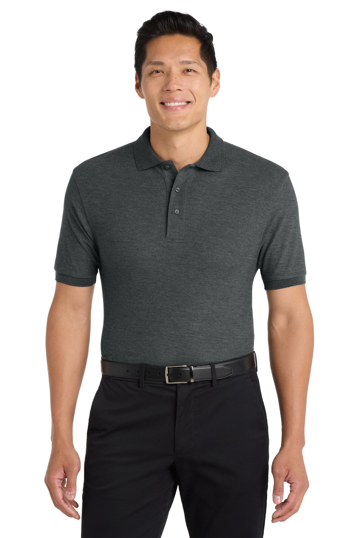 Front View of Char Hthr Grey Port Authority Silk Touch Polo K500 plain