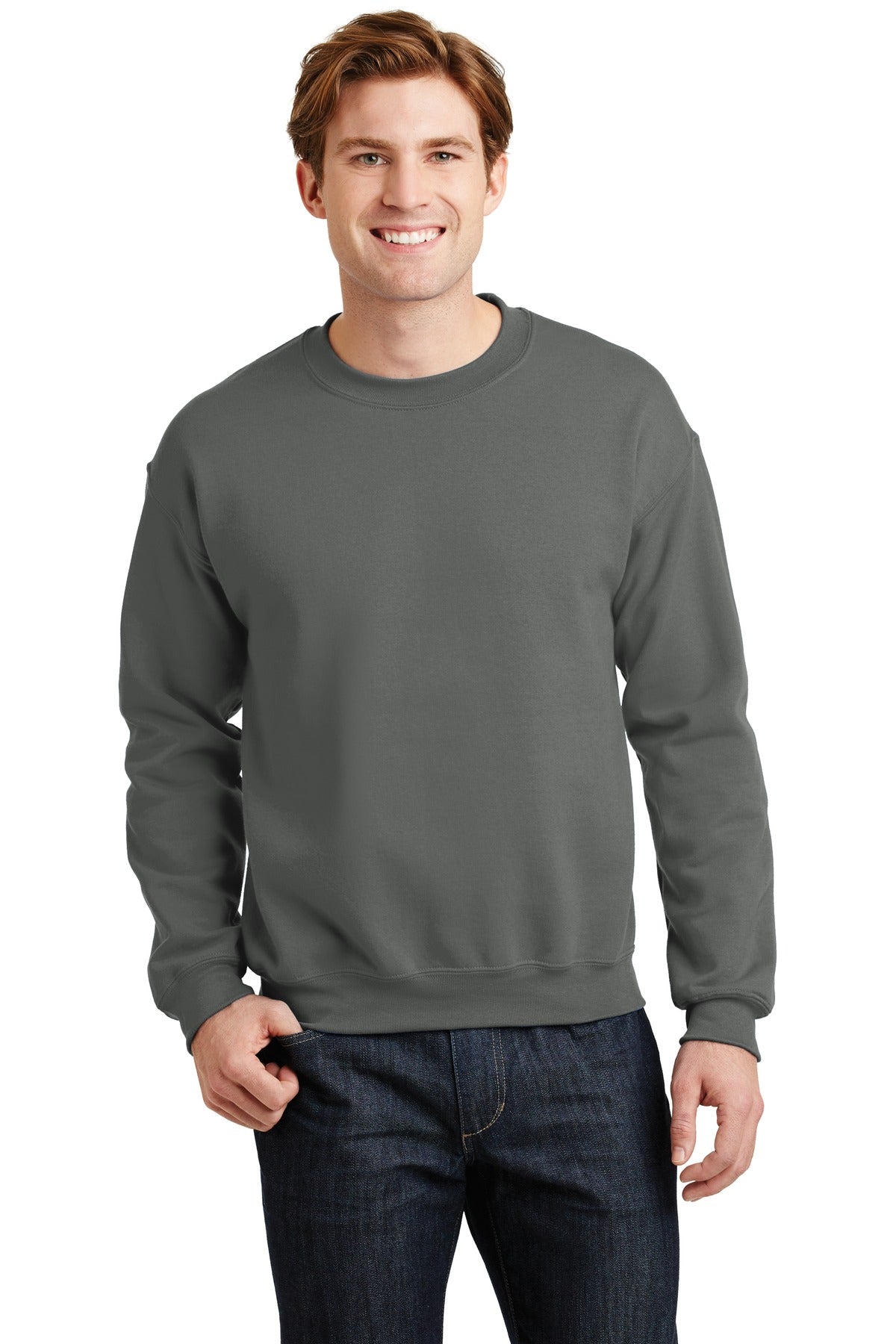 Front View of Charcoal Gildan Heavy Blend Crewneck Sweatshirt. 18000 plain