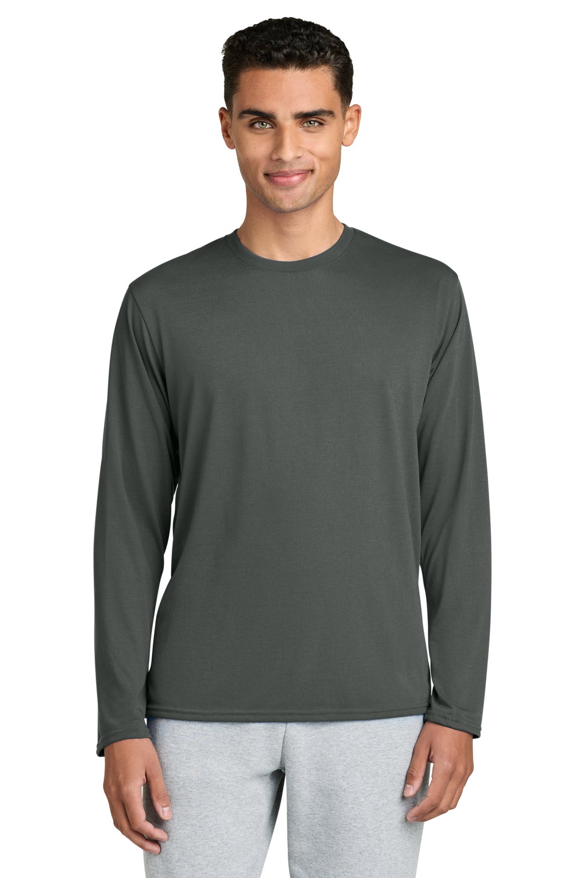 Front View of Charcoal Gildan Performance Long Sleeve T-Shirt. 42400 plain