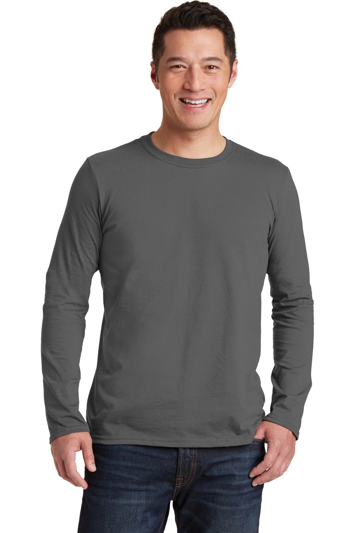 Front View of Charcoal Gildan Softstyle Long Sleeve T-Shirt. 64400 plain