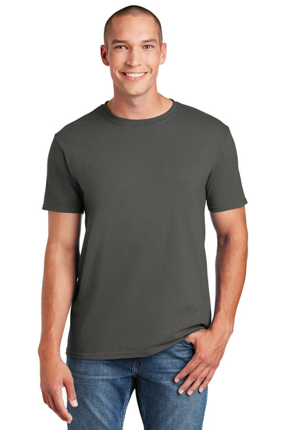 Front View of Charcoal Gildan Softstyle T-Shirt. 64000 plain
