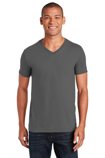 Front View of Charcoal Gildan Softstyle V-Neck T-Shirt. 64V00 plain