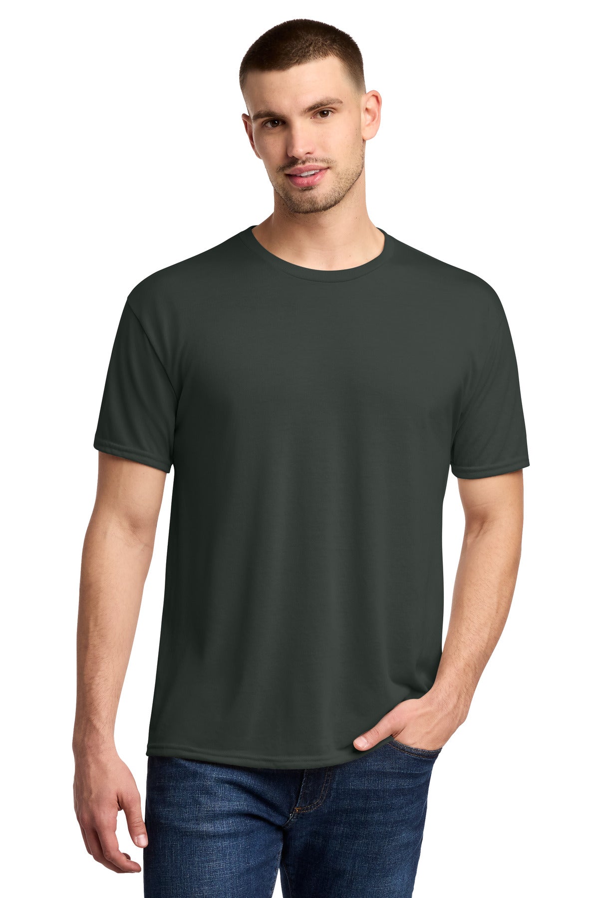 Front View of Charcoal Grey Jerzees Dri-Power 100% Polyester T-Shirt. 21M plain