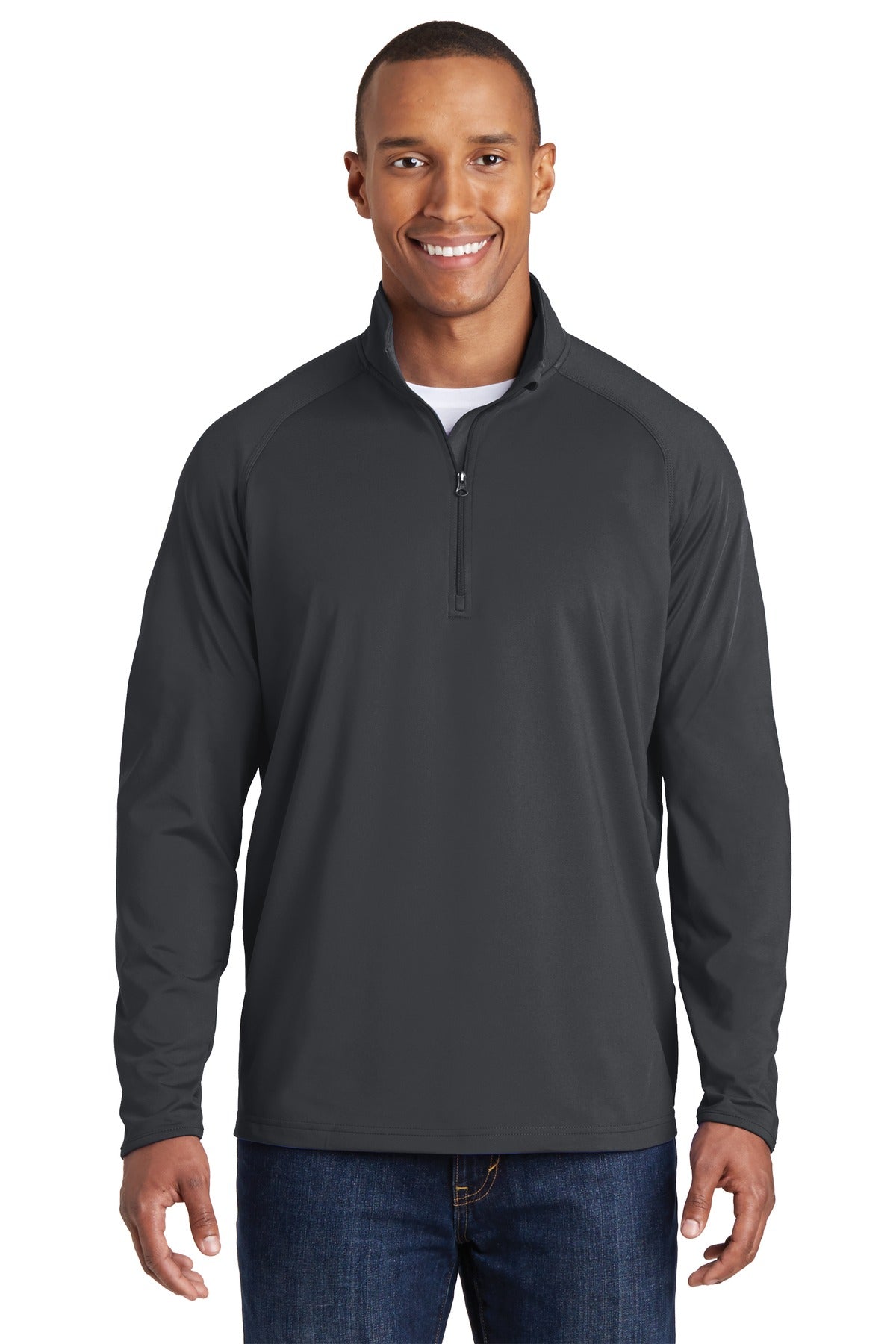 Front View of Charcoal Grey Sport-Tek Sport-Wick Stretch 1/4-Zip Pullover. ST850 plain