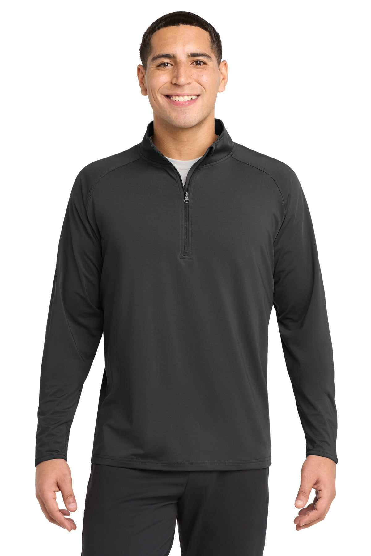 Front View of Charcoal Grey Sport-Tek Sport-Wick Stretch 1/4-Zip Pullover. ST850 plain