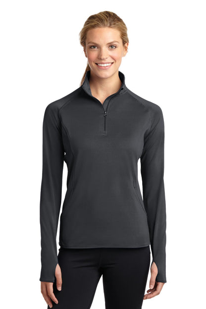 Front View of Charcoal Grey Sport-Tek Women's Sport-Wick Stretch 1/4-Zip Pullover. LST850 plain