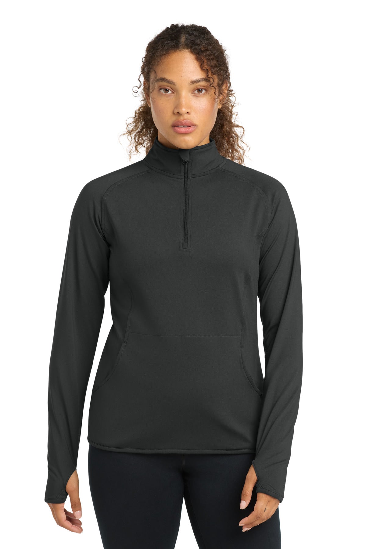 Front View of Charcoal Grey Sport-Tek Women's Sport-Wick Stretch 1/4-Zip Pullover. LST850 plain
