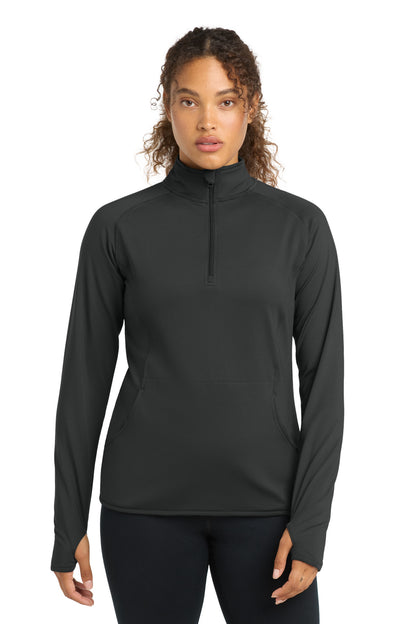 Front View of Charcoal Grey Sport-Tek Women's Sport-Wick Stretch 1/4-Zip Pullover. LST850 plain