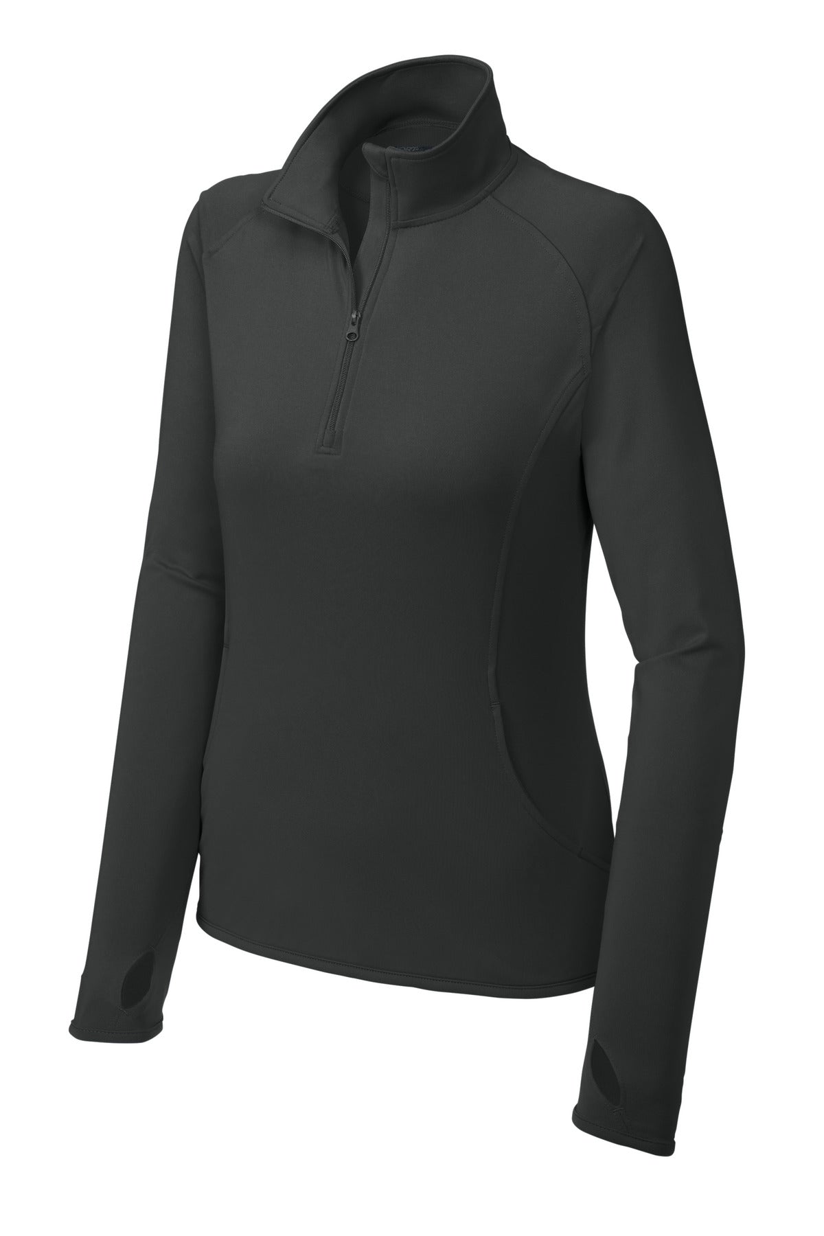 Front View of Charcoal Grey Sport-Tek Women's Sport-Wick Stretch 1/4-Zip Pullover. LST850 plain