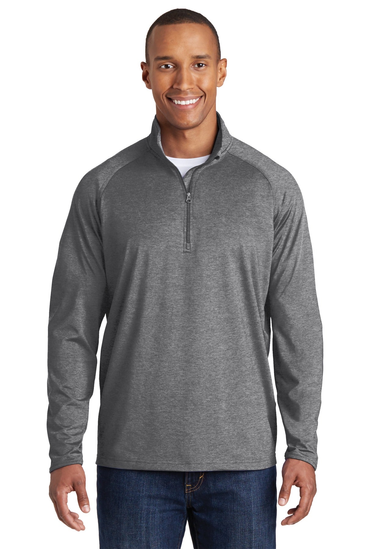 Front View of Charcoal Gy He Sport-Tek Tall Sport-Wick Stretch 1/4-Zip Pullover. TST850 plain