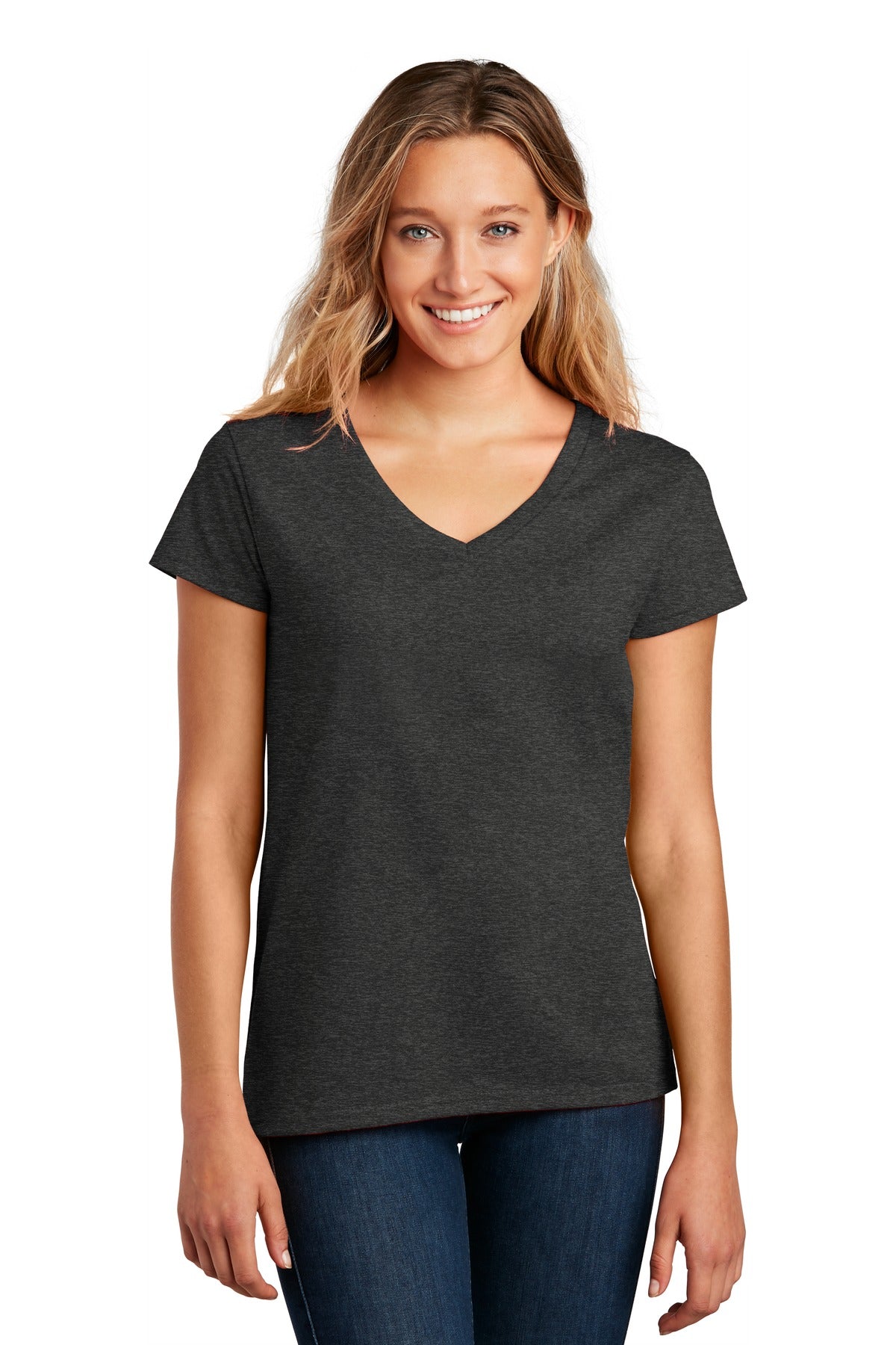 Front View of Charcoal Hthr District Women's Re-Tee V-Neck DT8001 plain
