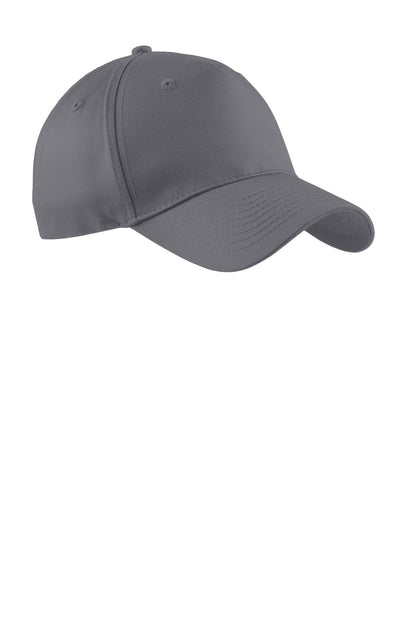 Front View of Charcoal Port Authority Five-Panel Twill Cap. CP86 plain