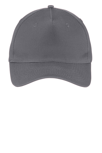 Front View of Charcoal Port Authority Five-Panel Twill Cap. CP86 plain