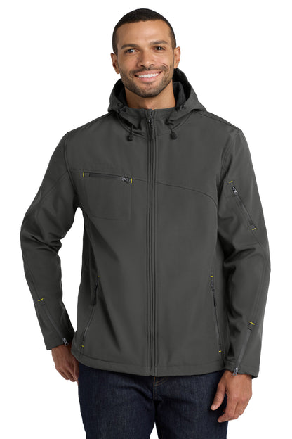 Front View of Charcoal Port Authority Textured Hooded Soft Shell Jacket. J706 plain