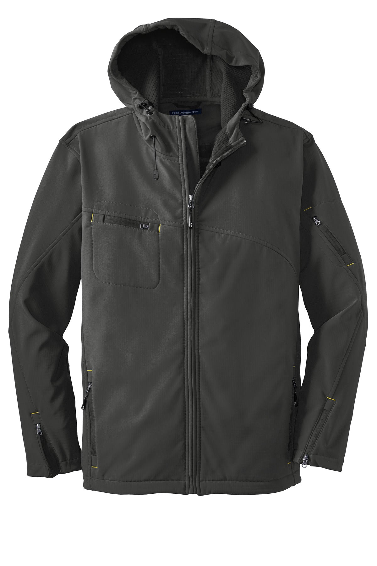 Front View of Charcoal Port Authority Textured Hooded Soft Shell Jacket. J706 plain