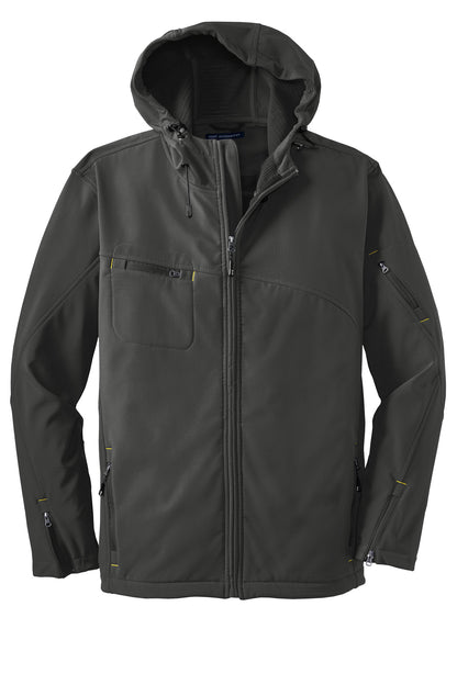 Front View of Charcoal Port Authority Textured Hooded Soft Shell Jacket. J706 plain